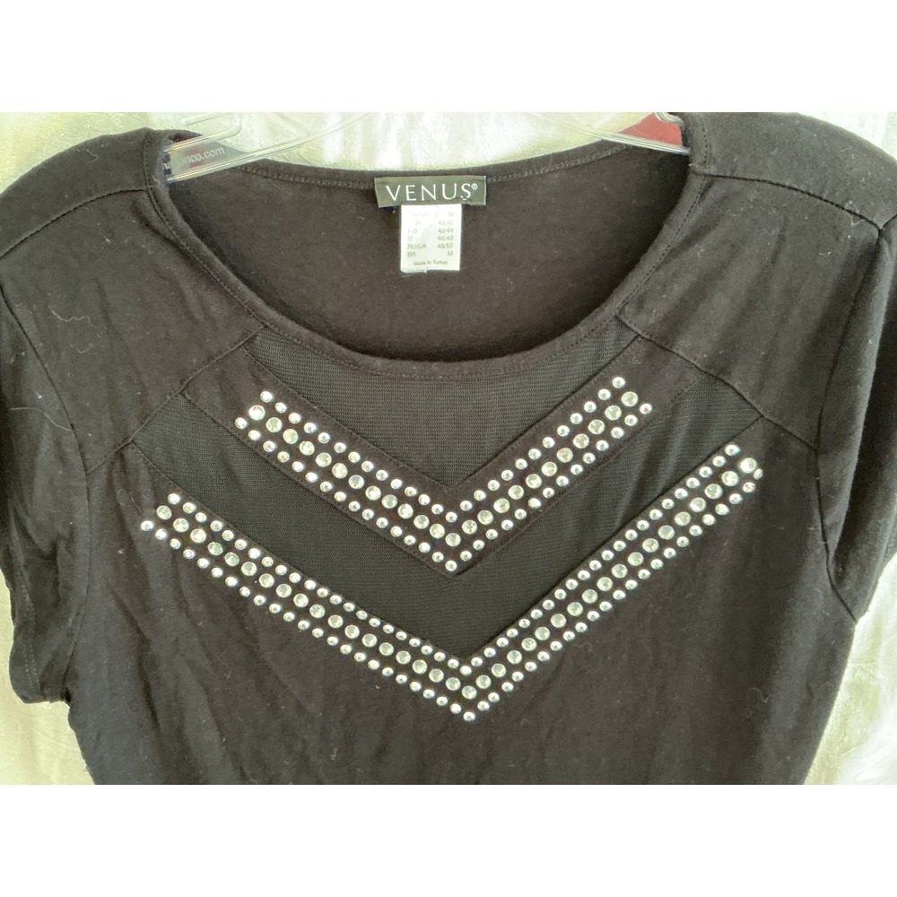 Venus Rhinestone Mesh Chevron Top Womens Medium Black Excellent Short Sleeve Tee